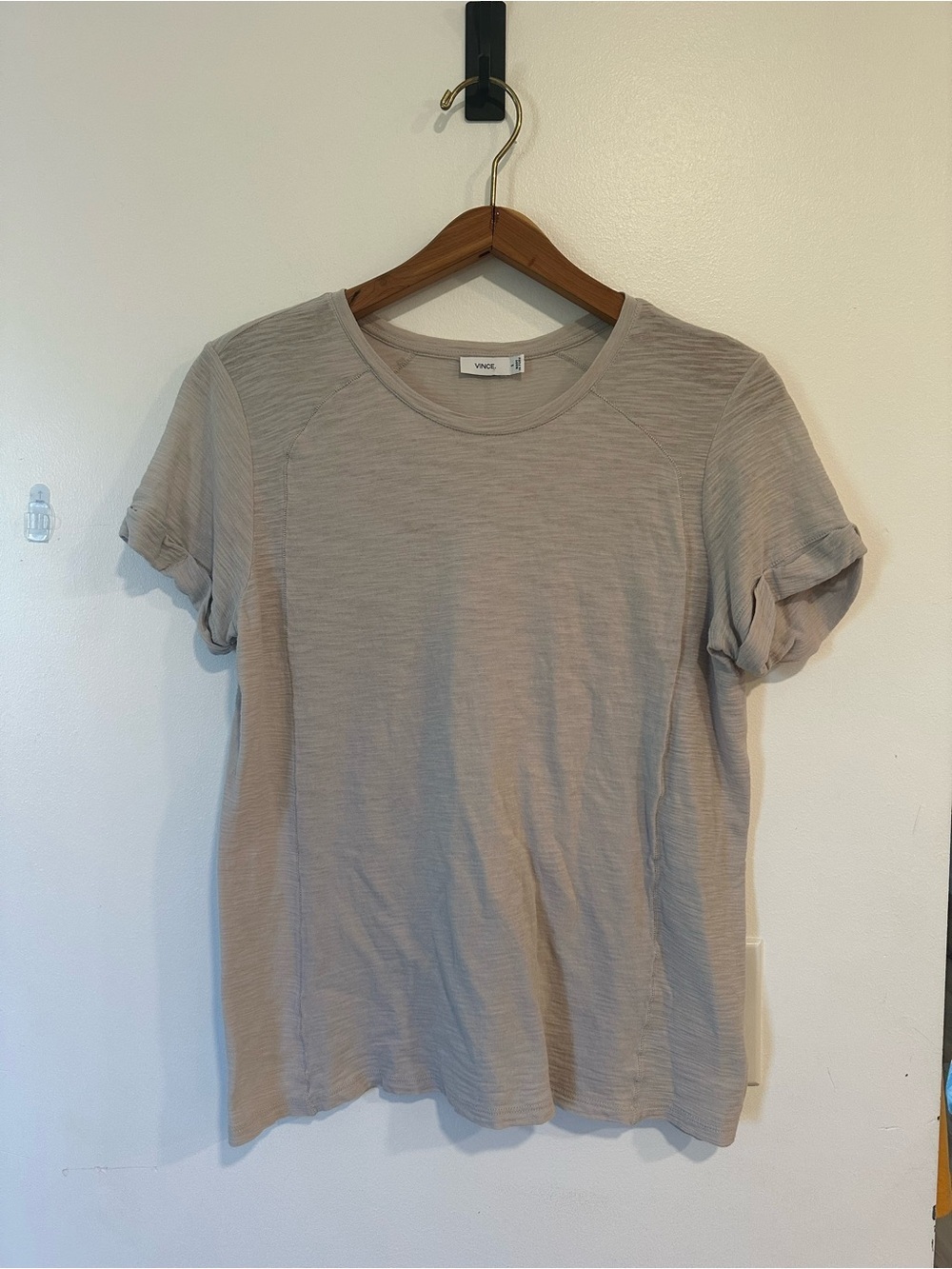 Vince Roll Sleeve Round Neck T-Shirt Women's Size Small Beige Tan Cotton Minimal